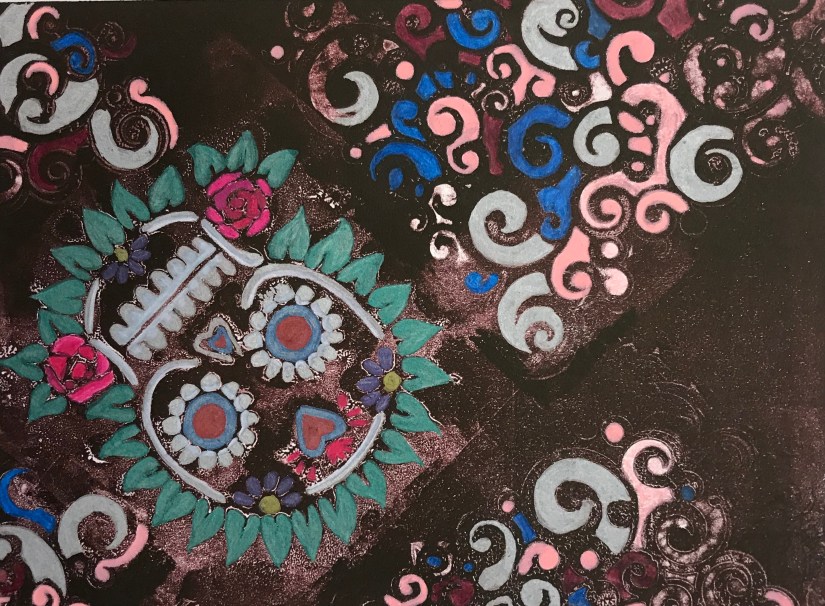 Sugar Skull, Printmaking, stencil and colored pencils